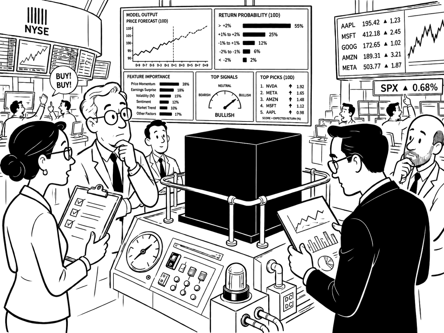 Cartoon vignette: on a trading floor, analysts with checklists and charts inspect a literal black box on a guarded pedestal while its dashboards promise forecasts.